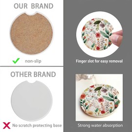 QARIEOEI Absorbent Car Cup Holder Coaster 2 Pack with A Finger Notch, 2.56" Inch Cute Car Cupholder for Car Interior Accessories for Women-Flower