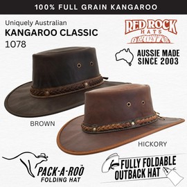 Red Rock Hats 1078 Kangaroo Classic - Australian Outback Hats for Men - Kangaroo Leather, Aussie Made, Foldable Outback Hat, Wide Brim, Durable, Water Resistant, Travel Bag (Large, Hickory)