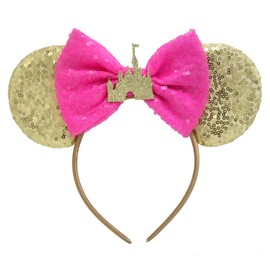 ECOSCO 2 Pcs Mouse Ears Headbands Glitter Sparkly Princess Ears Headband Costume Birthday for Adult (Gold+Pink)