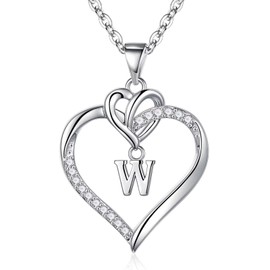 STORUP Heart Initial Necklaces for Women, 14K White Gold Plated Heart Initial W Pendant Necklace Dainty Heart Necklaces Silver Heart Necklaces for Women Jewelry for Women Gifts