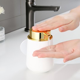 YAUKPH Matte White and Gold Liquid Hand Soap Dispenser Plastic 11 oz - Modern Luxury Style for Bathroom & Kitchen Countertop Refillable