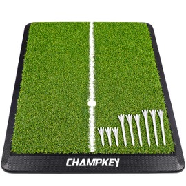 CHAMPKEY Premium Heavy-Duty Rubber Backing Golf Hitting Mat - Professional Alignment Practice Golf Mat Come with 1 Rubber Tee Holder and 9 Plastic Tees (16" x 25")