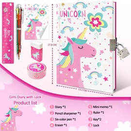 Girls Diary with Lock, Kids Journal Stationary Set for Pre School Teen Learning Writing Drawing Age 6,8,10,12 Years Unicorn Gift with Notebook Memo NotePad Six Multicolored Pen Ruler Sharpener Eraser