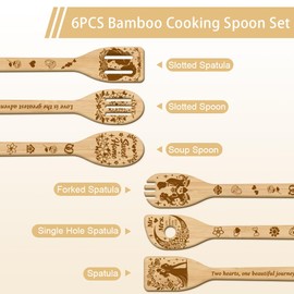GLOBLELAND 6Pcs Wedding Bamboo Cooking Utensils Wooden Engraved Cooking Spoons Set Carving Kitchen Bamboo Spatula Set Wood Cooking Spoon for Kitchen House Warming Gift