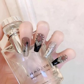 PIVHWIR Press On Nails, Reusable Glossy Long Fake Nails, 3D Heart Design Press On Nails, Stick On Nails, Rhinestone Fake Nails-Black (S)