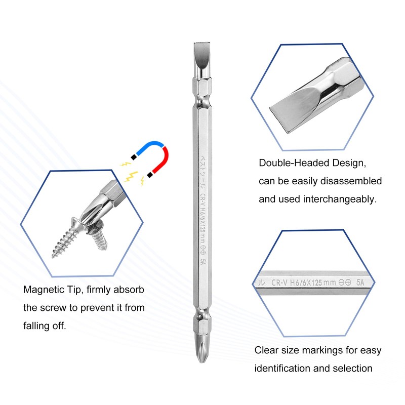 HARFINGTON 2pcs Magnetic Double Ended Screwdriver Bit 6mm PH2/SL6 5"/125mm