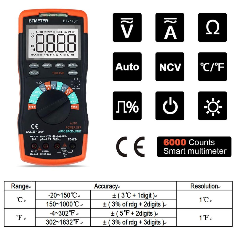 True RMS Digital Multimeter Tester 6000 Counts AC DC 20A