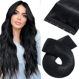 Clip in Hair Extension Human Hair One Piece 16 inch-45 grams 100% Real Remy Hair Extensions Straight 3/4 Half Head (#01 Jet Black)