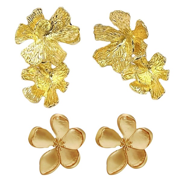 2 Pairs Gold Flower Earrings, Flower Earrings, Flower Earrings for