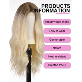 WOKESTAR Long Wavy Light Blonde Wigs for Women, Heat Resistant Wig with Middle Parting for Daily