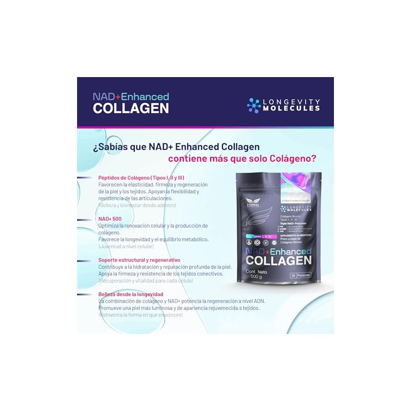 ETERNAL NUTRITION Péptidos de Colágeno Hidrolizado Bovino + NAD+ (500