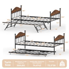 Daybed with Trundle, Metal Twin Size Day Bed with Stylish Headboard, Sofa BedFrame with Pop Up Foldable Trundle Bed, Heavy Duty Steel Slats Platform for Living Room, Bedroom and Guest Room, Brown