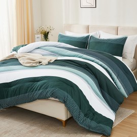 Litanika Dark Emerald Green Bed Comforter Queen Set, 3 Pieces Forest Bedding Set, Double Colorblock Stripe Vintage Bed Set (90x90Comforter, 2 Pillowcases)