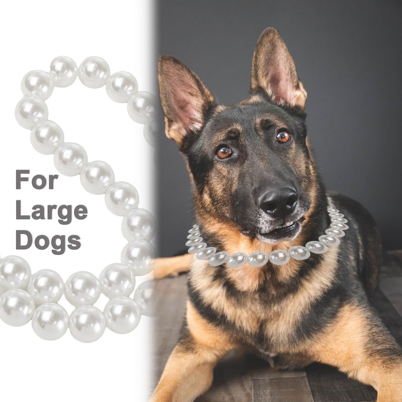 MLUOVI Chunky Pearl Dog Collar, Large Breed, White, 17"-19.8" (14mm