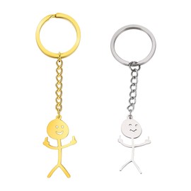 WLVinson Pack of 2 Pendant Gift for Men, Friend Keyring Stainless Steel, Small Funny Gesture Symbolism, Smiley Stickman, Trendy Accessories for Bags, Keys (Silver & Gold), Steel colour, gold