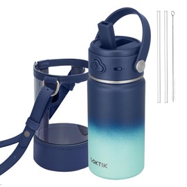 Kids Water Bottle with Straw, 14oz Insulated Stainless Steel Tumbler, Leak-Proof Locking Lid for School, Lunchbox, Outdoor Sports, Case with Shoulder Strap(1 Pack, Midnight Mint)