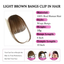 Clip in Bangs 100% Real Huamn Hair Bangs Clip Light Brown Clip on Bangs Hair Extensions Fake Bangs Human Hair French Bangs Hair Clip on Fringe With Temples Hairpieces Curved Bangs For Daily Wear