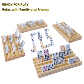 GOTHINK Dominos Set for Adults with 4 Wooden Trays/Racks, Double 6 Dominoes Set with 4 Tiles Holders, 28 Tile Colored Dot Dominos Games Set for Classic Family Board Games Suit for 2-4 Players