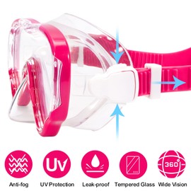 Swimming Goggles Children, HIKOTEY Diving Goggles Children (4-12 Years) with Anti-Fog, Diving Mask with Earplugs, Anti-Leak Snorkel Mask for Children, Boys, Girls - Rose Red