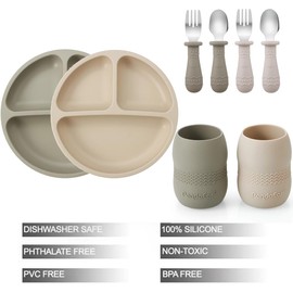 PandaEar Silicone Baby Feeding Set| 2 Pack Silicone Divided Suction Plate and 2 Pack Tiny Cup with 2 Spoons 2 Forks| Baby Led Weaning Supplies Self Feeding Eating Utensils (Silverware Set)