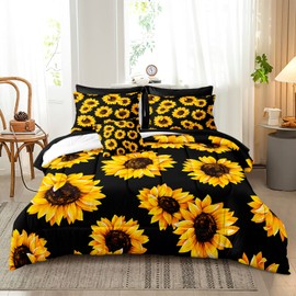 Merryword Black Sunflower Comforter Set King Size 8 Pieces Bed in a Bag Yellow Flower Design Bedding with 1 Comforter, 4 Pillowcase, 1 Flat Sheet, 1 Fitted Sheet, 1 Cushion Cover