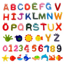 LGWJHCY 48PCS Set of Wooden Magnetic Stickers for Refrigerator Fridge Magnet Includes 26PCS Letters A-Z 10PCS Arabic Number and 12PCS Animals, for Learning and Decoration