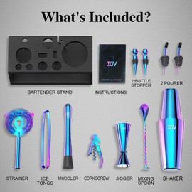 IOV Cocktail Shaker Set: 12-Piece Mixology Bartender Kit Bar Set | 18oz & 28oz Boston Shaker Drink Mixing Tools for Home with Recipe Booklet and Stand | Fun Housewarming Gift (Rainbow)