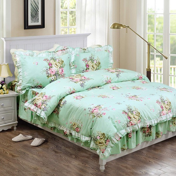 FADFAY Shabby Green Floral Bedding 100% Cotton Princess Lace Ruffle Girls Duvet Cover Set with Bedskirt, 4Pcs, Cal King Size