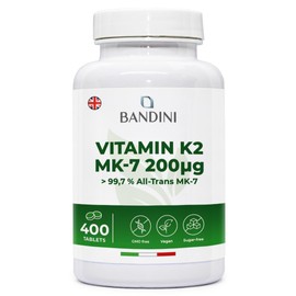 Bandini® Vitamin K2 MK7 200mcg | 400 Vegan Tablets | 1 a Day/+1 Year Supply | High Strength Menaquinone MK-7 | VIT K 2 MK 7 | Supports Normal Bones Manteinance | GMO-Free | Italian Quality
