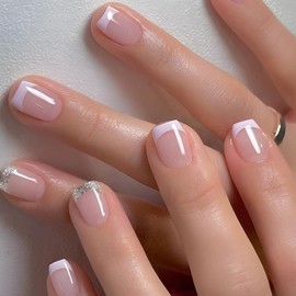 30 Pcs French False Nails, Full Cover Nude Press on Nails Silver Border, Removable Glue-on Nails, French Fake Nails Stick on Nails for Women Girls Nail Art