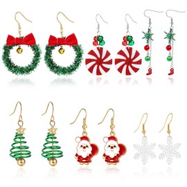 6 Pairs of Earrings Christmas Hanging Christmas Earrings Stud Earrings Set Christmas Decoration Gift for Women Children Girls Christmas Snowflakes Santa Claus Drop Dangle Earrings Studs, Plastic