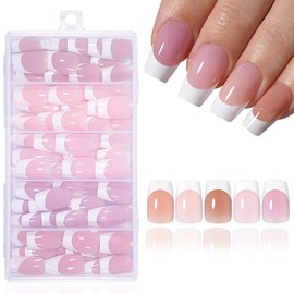 160Pcs White French Tip Press on Nails Medium Square Fake Nails French Tip Nails Press Ons 5 Color Glossy Soft Gel False Nail Full Cover Acrylic Glue on Nail for Women Manicure 5Pack