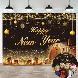 Black Gold Happy New Year Backdrop 2025 New Year Clock Champagne Gold Ball Snowflake Photography Background New Years Eve Count Down Christmas Indoor Outdoor Family Party Decorations (7x5FT)
