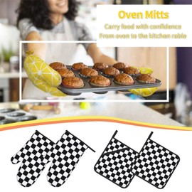Checkered Black and White Plaid Oven Mitts and Pot Holders Set of 4,Heat Resistant Non-Slip Potholders Oven Gloves and Pad for Kitchen Cooking Baking Grilling BBQ