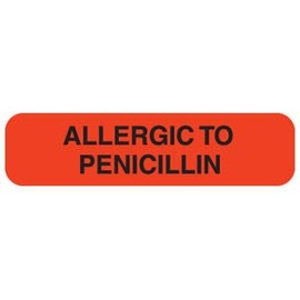 1-1/4"W x 5/16"H Fluorescent Red Allergy Labels"Allergic to Penicillin" (500/Roll) - TBBS-MAP507