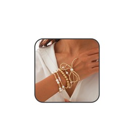 TELAIN Bracelet Ladies Gold, Set Of 5 With Adjustable Size, Lightweight Gold Bangle Made Of Imitation Pearls For Elegant Style And Various Occasions