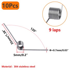 Qrity 10pcs 304 Stainless Steel Small Torsion Spring, Straight Torsion Spring, 0.7mm Wire Diameter Mechanical Torsion Springs, 5mm OD, 9 laps, 120° Deflection