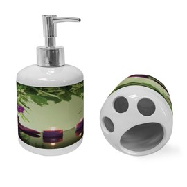 Ambesonne Spa Soap Dispenser & Toothbrush Holder Set, Stones Aromatic Candles and Orchids Blooms Treatment Vacation, Ceramic Bathroom Toiletry Accessories, 2 Pcs, Pale Green Fern Green