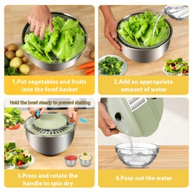 KITHELP Stainless Steel Salad Spinner Large, Vegetables Fruits Wash Bowl with Strainer, Lettuce Spinner Dryer with 5 Blades Slicer, Egg Yolk Strainer, Shredder for Efficient Salad Preparation 5.3Qt
