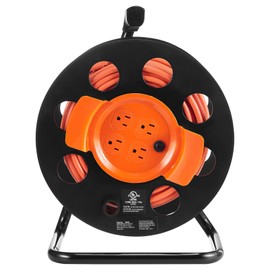 Happybuy 100FT Extension Cord Reel, 4 Outlets, Heavy Duty 14AWG SJTOW Power Cord, Manual Reel with Handle & Circuit Breaker, for Garage, Toolshed, UL Tested