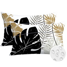OTOSTAR Outdoor Waterproof Throw Pillow Covers 16x24 Inch Set of 2 Double-Sided Black Brown Grey Tropical Leaf and Flower Spring Summer Decorative Pillow Cases for Patio Funiture Garden Balcony Couch