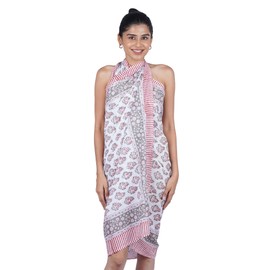 Block Print Sarong Beach Cover Up (White Grey Plant)