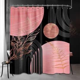 QGHOT Black and Pink Shower Curtain Boho Mid Century Dark Pink and Gray Shower Curtains for Bathroom Decor, Waterproof Cloth Fabric with Hooks, 70" W x 72" L