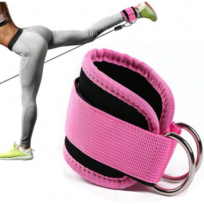Ankle Strap Attachment for Cable Machine, Pink, Double D-Ring Design
