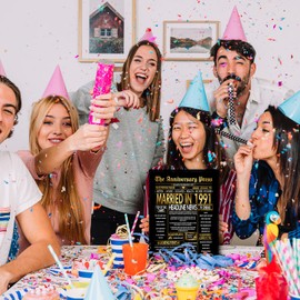 Stuff4 Gold 34th Anniversary Poster Framed - Golden Married In 1991 Newspaper - Happy 34 Anniversary for Men Women Retro Vintage Gifts Back In 1991, 8x10 Inch Bday Party Decor Decoration