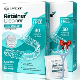 Retainer Cleaner Tablets -Persulfate Free- Invisalign Cleaner Remove Odors Discoloration Stains & Plaque, 2 Months Supply, Night Guard Cleaner, Denture Cleaning Tablets, 60 Tablets Mint Scented