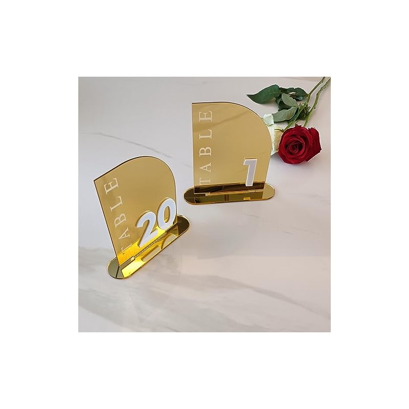 Números de mesa acrílico con espejo semiarqueado dorado para bodas