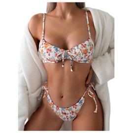 GORGLITTER Women's Floral 2 Piece Swimsuits String Tie Thong Push Up Underwire Bikini Sets Tie Front Beach Swimwear White Small