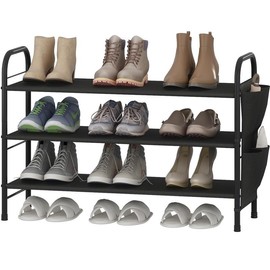 3 / 4/ 5 / 6 Tier Shoe Rack Storage Organizer Free Standing Metal Shoe Shelf Compact Shoe Organizer with Side Bag for Entryway Closet Bedroom,Bronze:_3 Tier-Grey