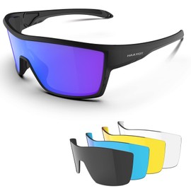 HAAYOT Polarised Cycling Glasses for Men Women Sports Sunglasses with 5 Lenses TR90 Frame MTB Glasses Mountain Bike Glasses Running Fishing Hiking Matt Black & Blue